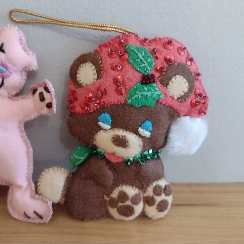 Vintage (3) Handmade Hand Stitched Stuffed Christmas Ornaments Crewel Clown Bear